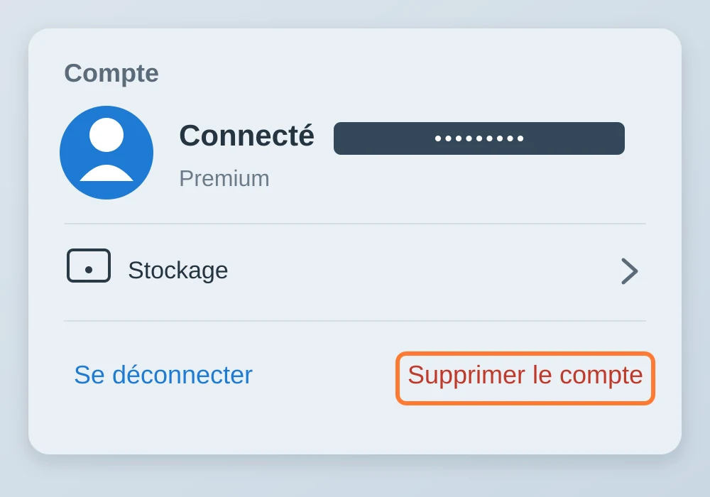 L'écran Profil, section Compte — appuyez sur « Supprimer le compte ».